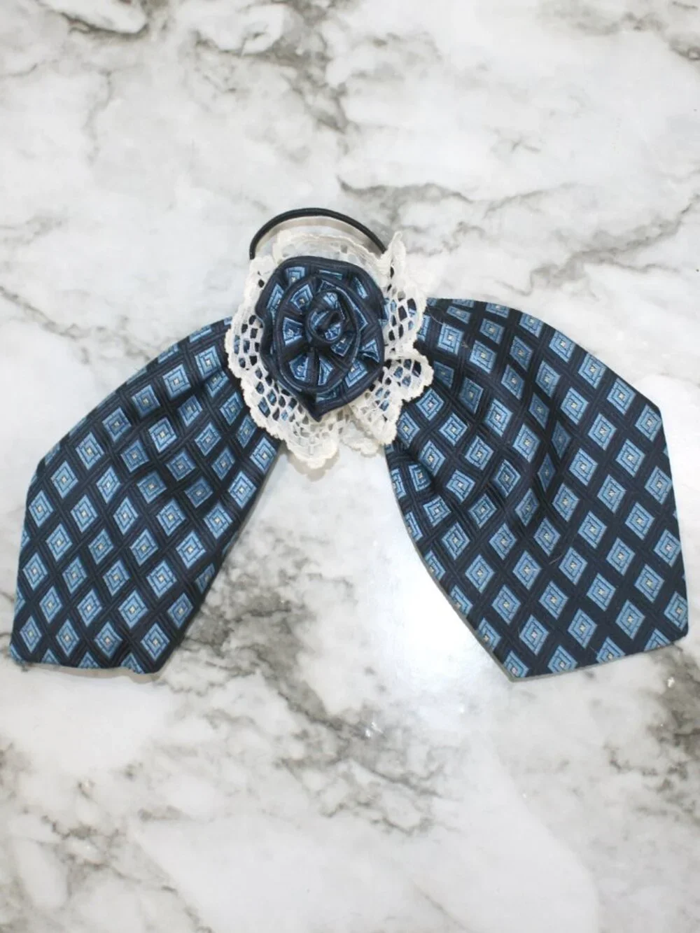 HAND CRAFTED Hair Scrunchy Bow Blue Geometric Floral Upcycled Mens Silk Necktie